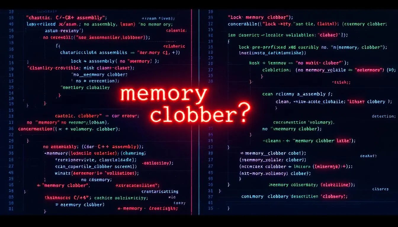 Visual split showing buggy inline assembly without memory clobber versus correct usage with memory clobber in x86 compiler barrier context
