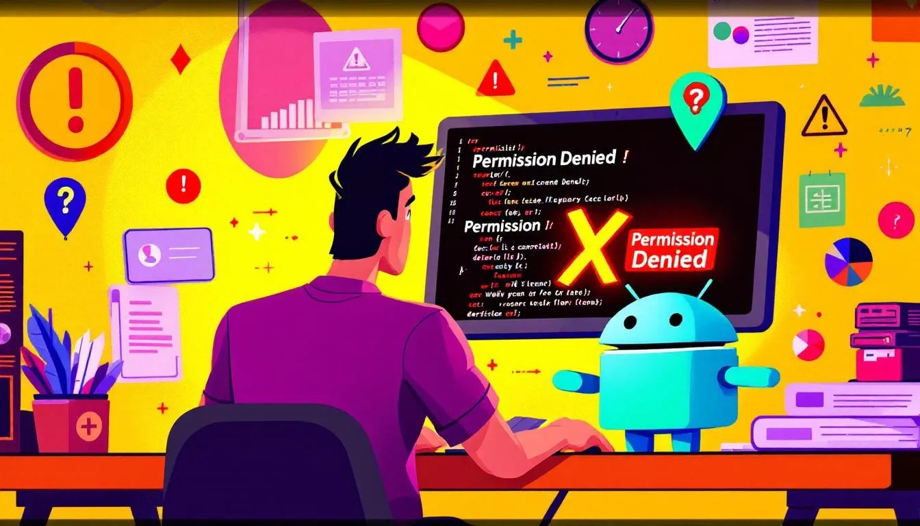 Android developer struggling with Compose Multiplatform location permissions, red 'Permission Denied' sign over code, Android mascot confused with a location pin