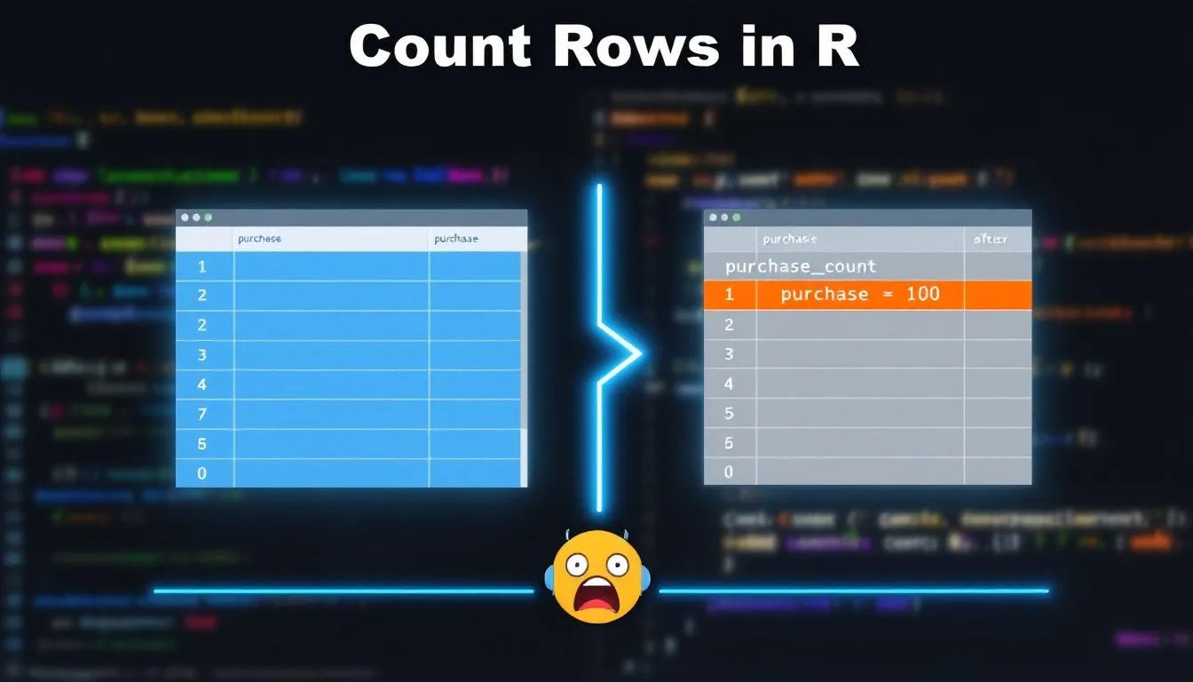 Example thumbnail showing how to count rows in R based on a condition using dplyr with a before-and-after data frame layout