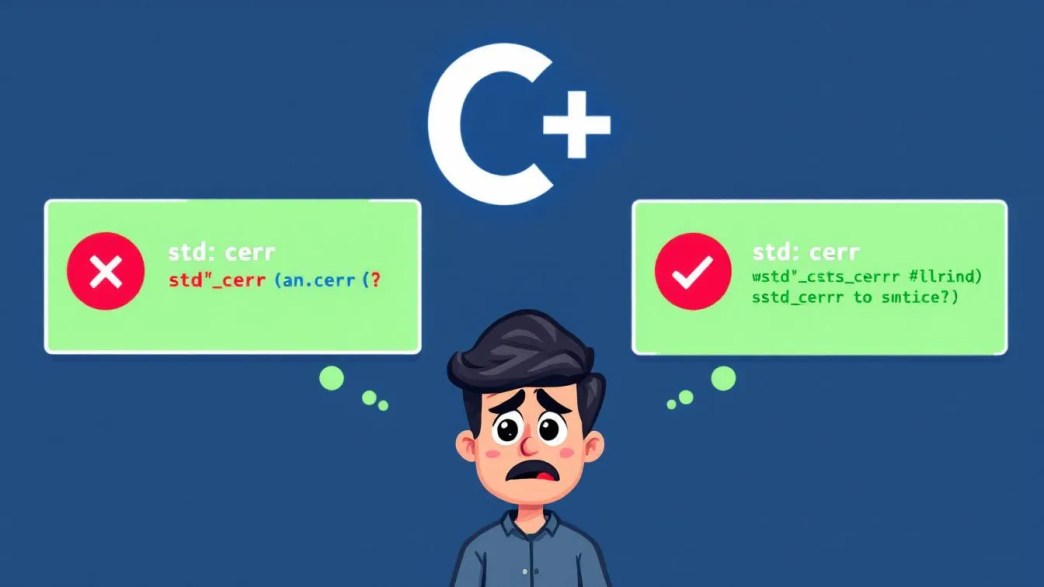Visual comparison of C++ syntax showing std::cerr versus std:cerr with error highlight, targeting developer confusion over namespace usage
