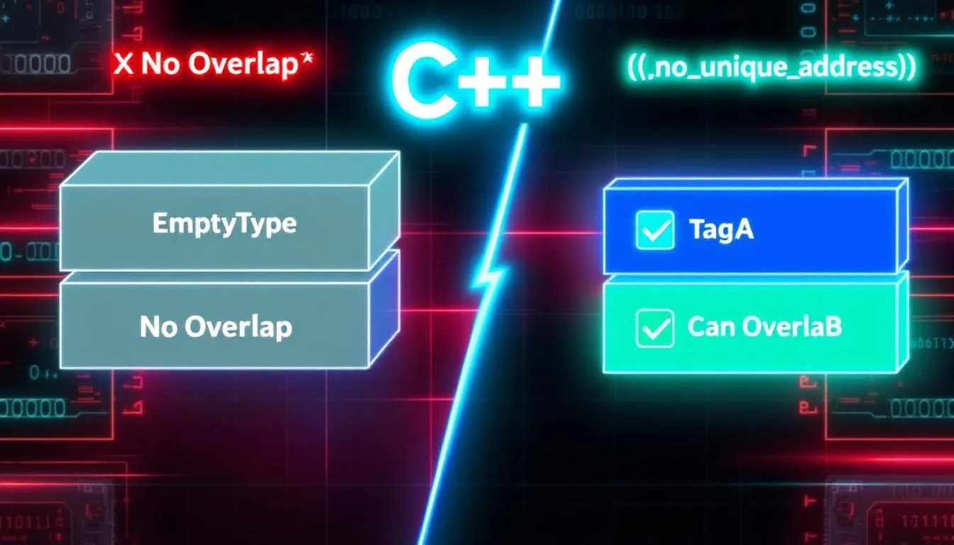Illustration of C++ [[no_unique_address]] showing why same-type empty members cannot overlap with visual boxes labeled EmptyType and TagA/TagB, comparing memory layout constraints.