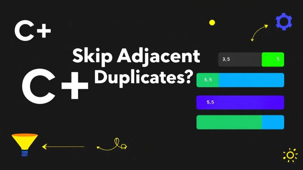 C++ Ranges and Views thumbnail illustrating skipping adjacent duplicates in view pipelines using modern C++20 techniques