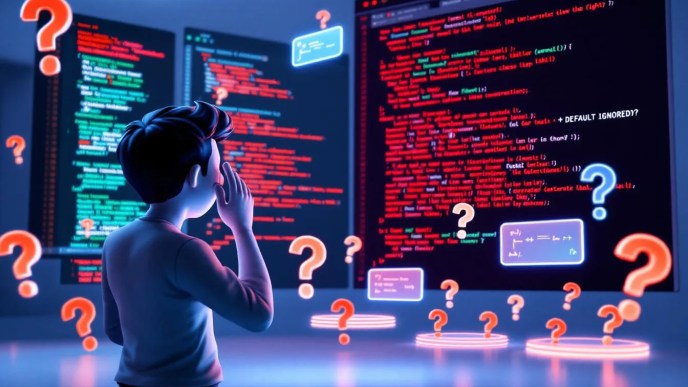 Confused developer looking at C# interface diagram with default implementation being ignored, source code errors in background, and 'Default Ignored?' text overlay