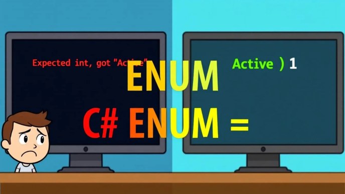 Frustrated developer dealing with C# enum string output on left and happy developer with numeric enum output on right, text reads 'C# ENUM = NUMBER?!'