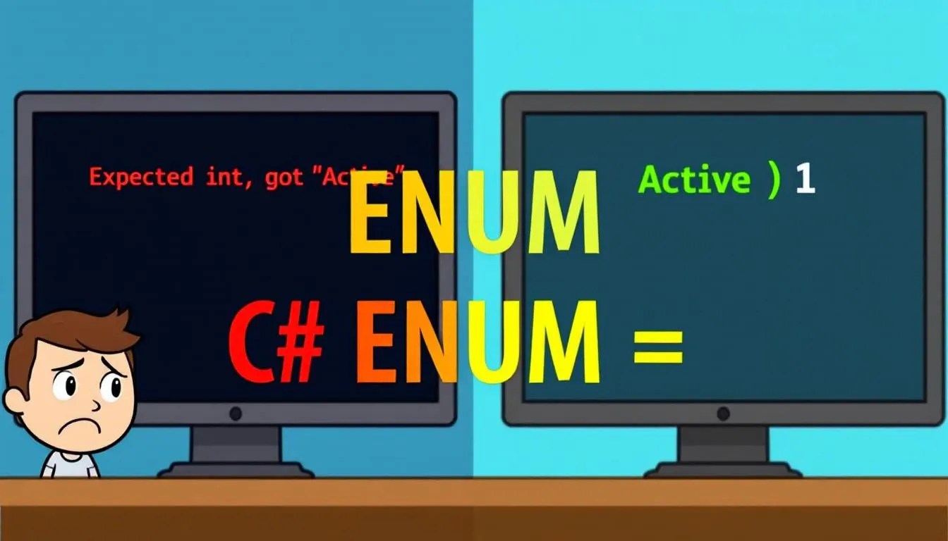 Frustrated developer dealing with C# enum string output on left and happy developer with numeric enum output on right, text reads 'C# ENUM = NUMBER?!'