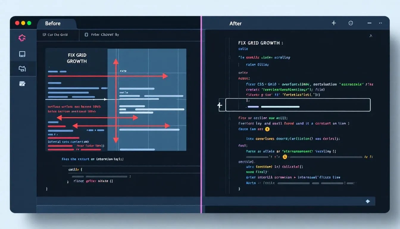 CSS Grid layout before and after fixing overflow issue with 100vh layout and scrollable grid items