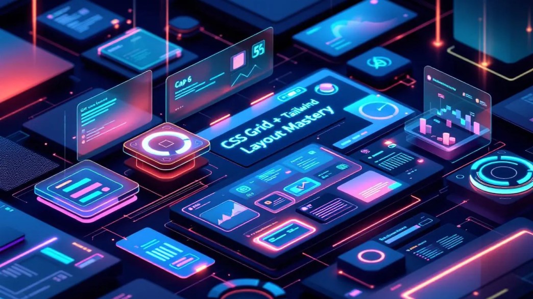 Futuristic web interface with CSS Grid and Tailwind CSS layout showing nested components, grid columns, utility classes, and modern UI blocks