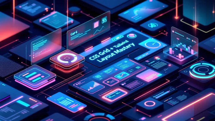 Futuristic web interface with CSS Grid and Tailwind CSS layout showing nested components, grid columns, utility classes, and modern UI blocks