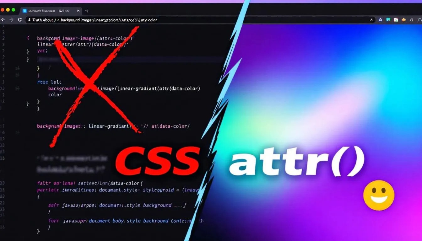 Visual comparison showing that HTML attribute values cannot be directly used in CSS linear-gradient, with one side showing an error and the other showing a working JavaScript workaround.