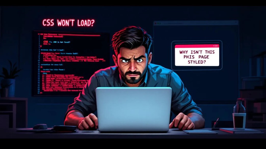 Frustrated developer with two web pages displayed, one properly styled and one broken, emphasizing CSS not applying to a single page.