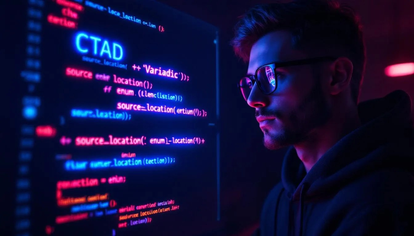 CTAD and variadic template function concept in modern C++ with developer analyzing floating C++ code and keywords like source_location and enum tags in a dark futuristic IDE setting