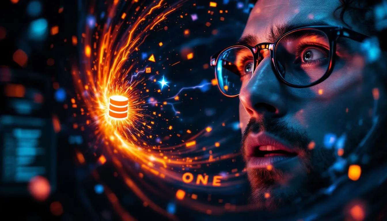 Visual of real-world DB transaction with Kafka and REST integration, showing a dramatic digital storm between databases, Kafka message queues, and REST APIs with icons and error symbols to represent distributed transaction challenges