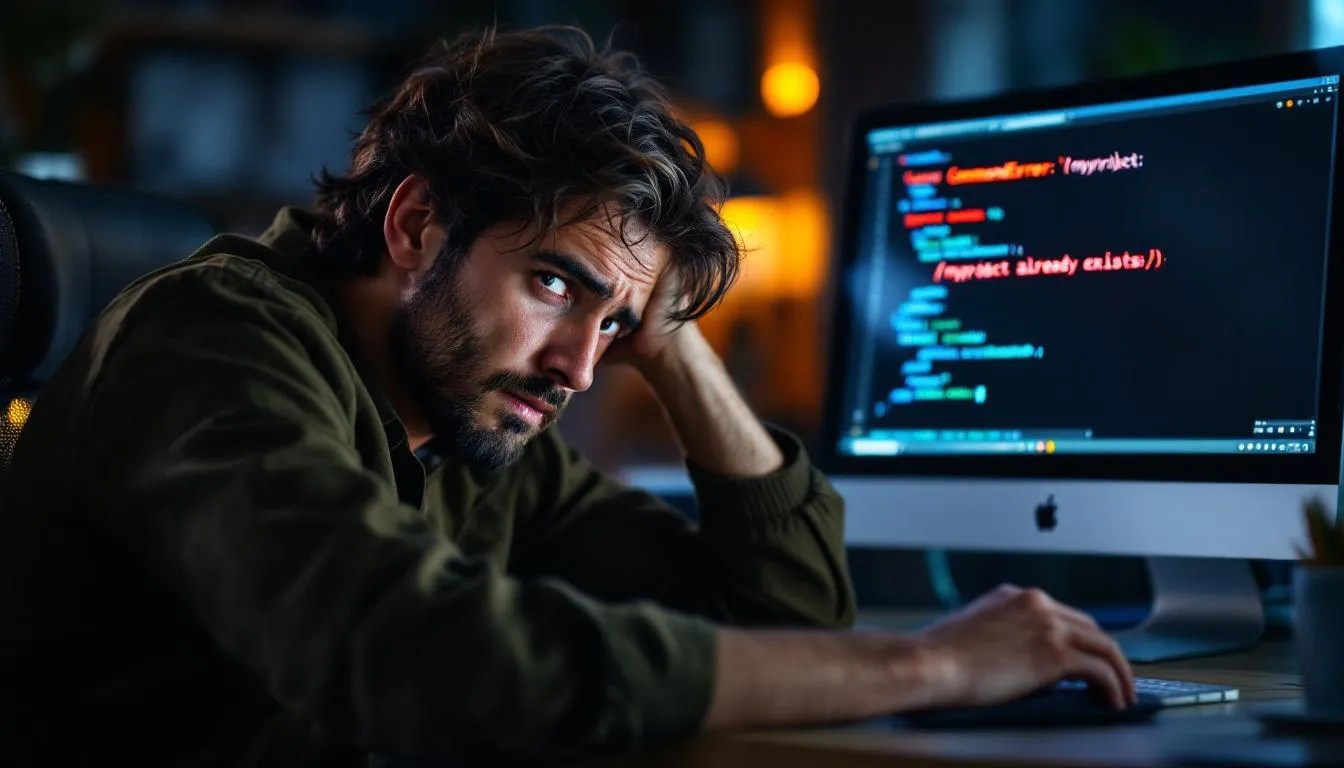 Frustrated developer facing error after running django-admin startproject with pre-created folder, warning not to create folders manually