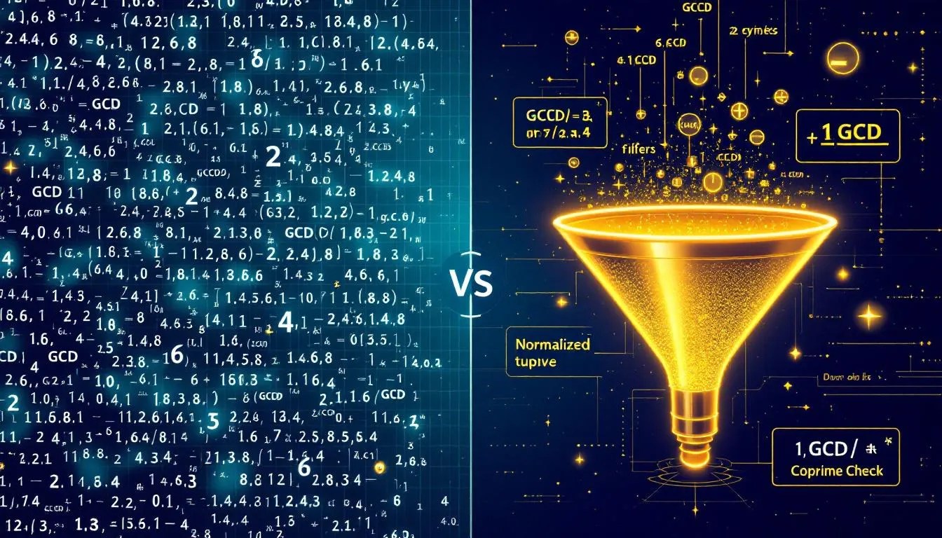 Visual metaphor of optimized 4-integer ratio generation showing brute-force data explosion transformed into clean tuples using GCD and coprime filtering