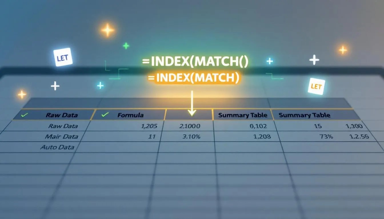 Excel auto-fill summary table using INDEX MATCH LET LAMBDA formulas, showing automated data population from raw data