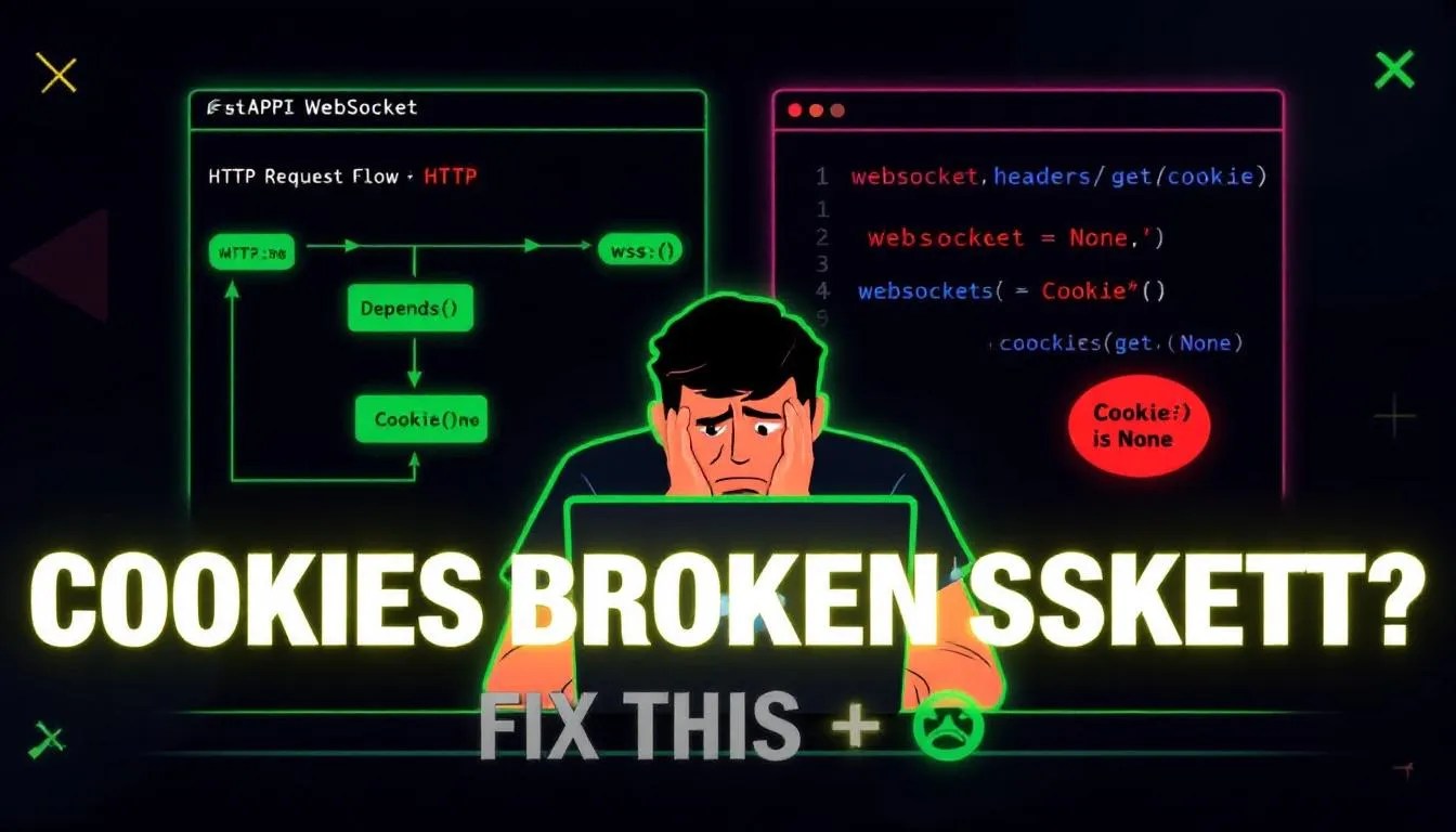 Frustrated developer debugging 'Cookie is None' issue in FastAPI WebSocket with visual comparison of HTTP vs WebSocket cookie flow