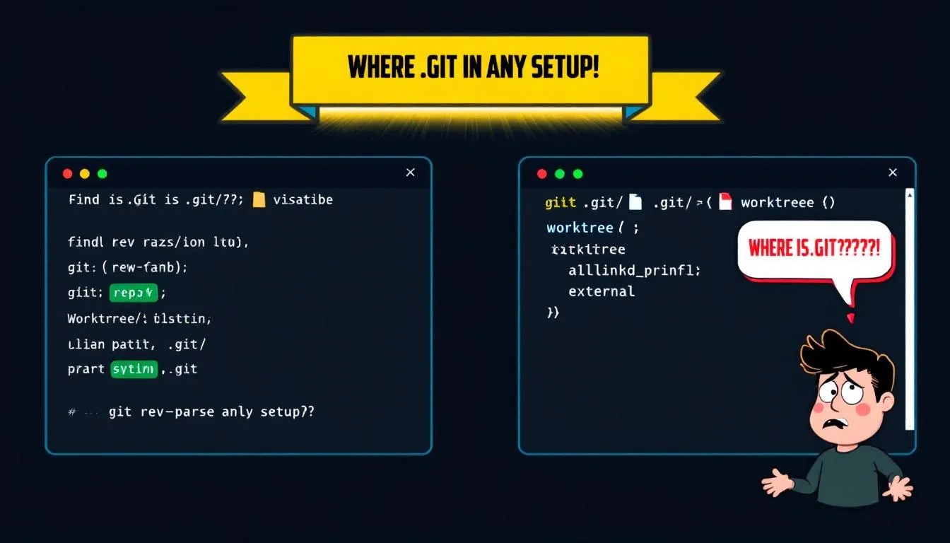Visual tutorial comparing standard Git .git folder with worktree setup, using git rev-parse command to find the common Git directory