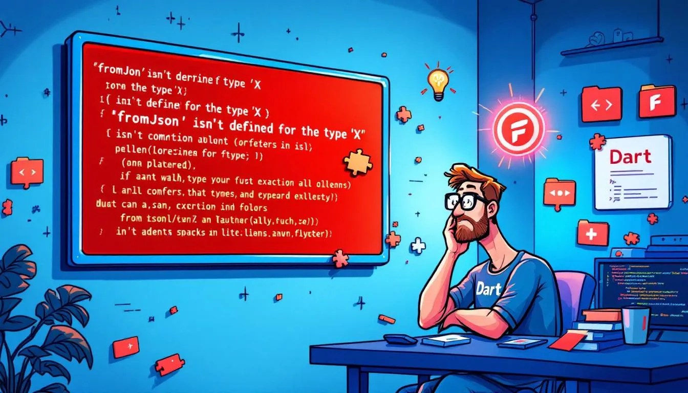 Frustrated developer facing 'fromJson not defined' Dart error with Flutter logos and code generation visuals