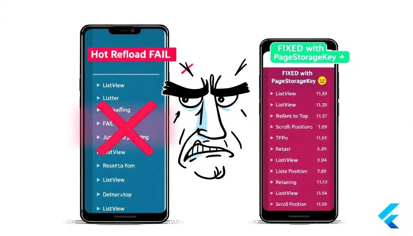 Developer fixing ListView scroll issue in Flutter using PageStorageKey during hot reload