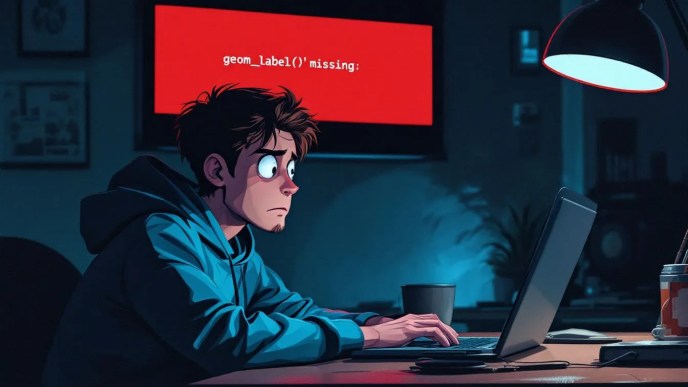 ggplot2 geom_label error fix illustration showing R code and frustrated developer next to error message in laptop screen