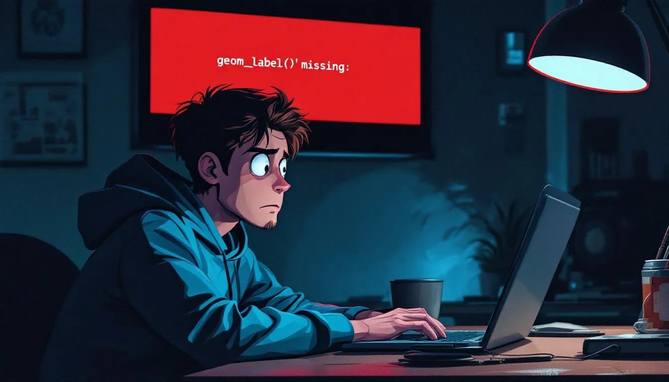 ggplot2 geom_label error fix illustration showing R code and frustrated developer next to error message in laptop screen