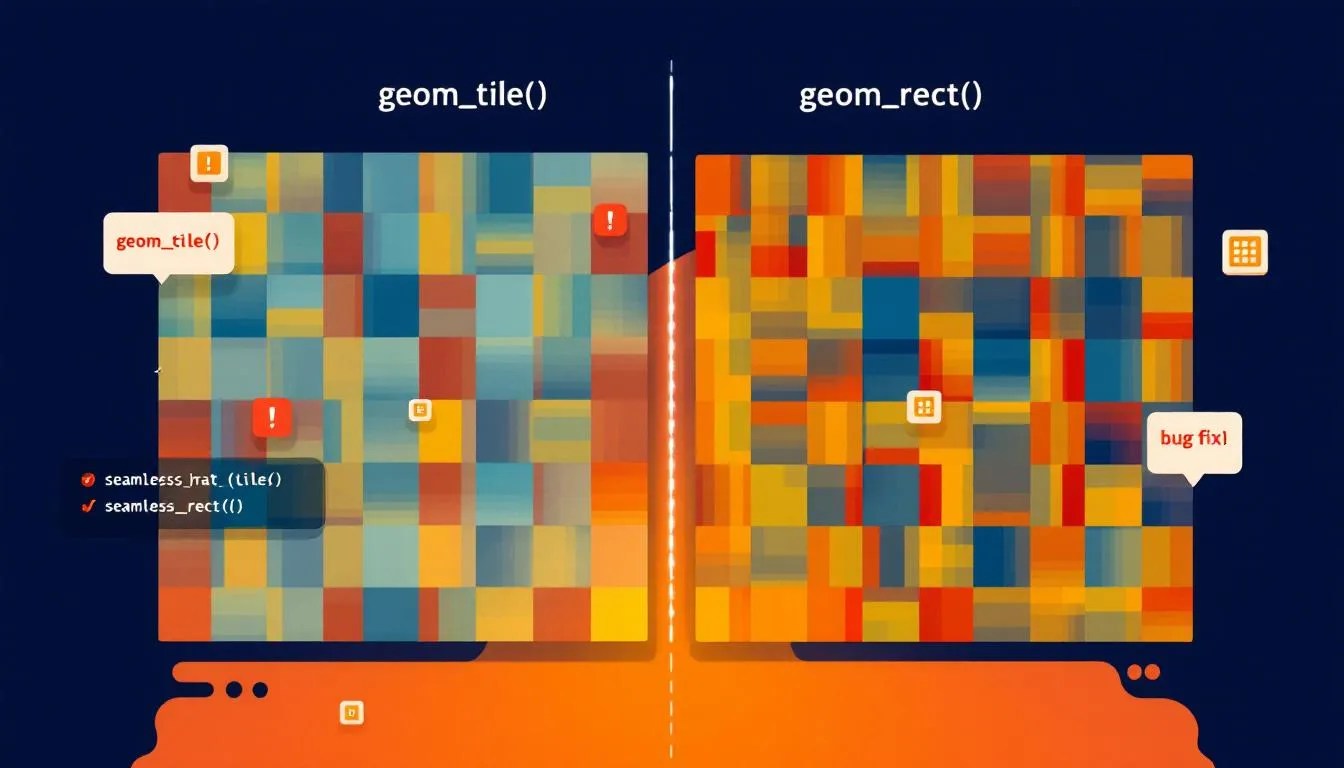 Comparison thumbnail showing geom_tile vs geom_rect in ggplot2, with gaps in tiles on left and seamless plot on right to illustrate heatmap visualization issues and fixes in R