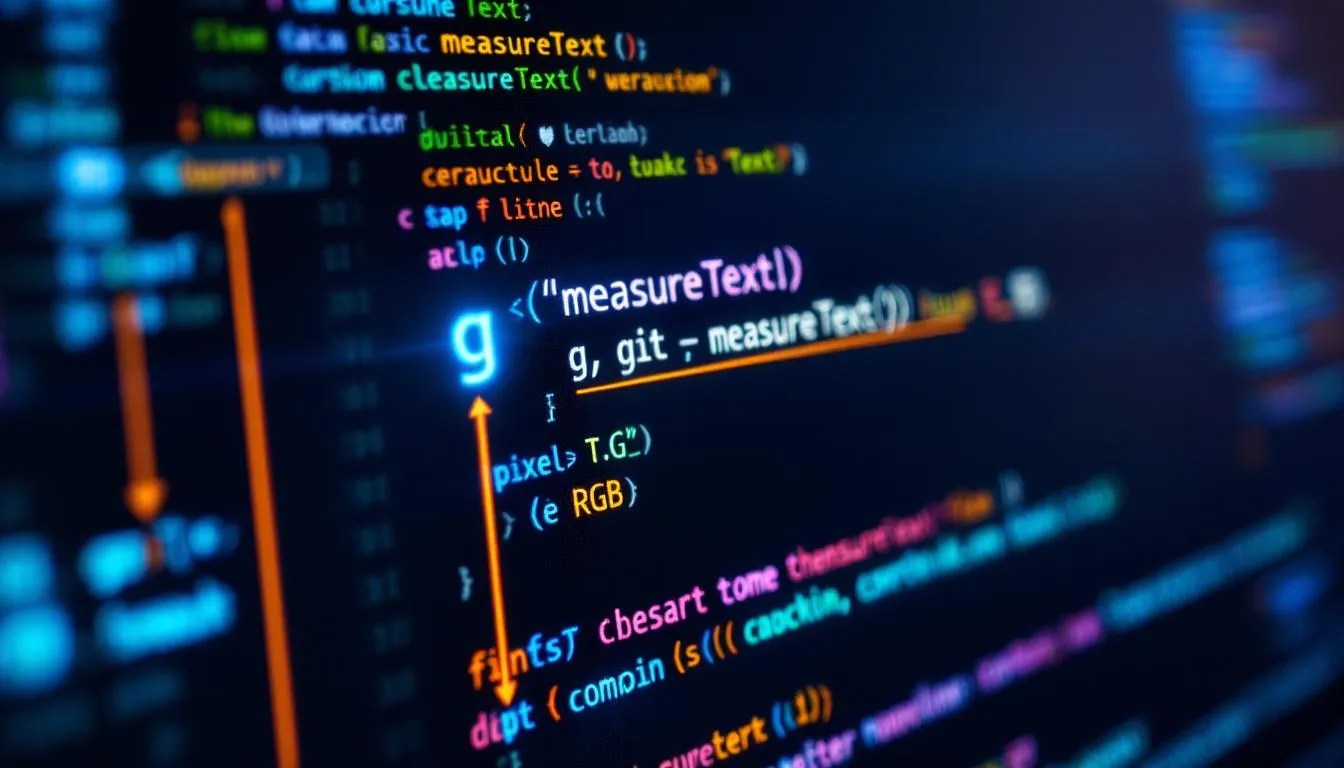 JavaScript canvas displaying measureText method with overlay lines showing glyph height, ascent, descent, and baseline for accurate font metrics