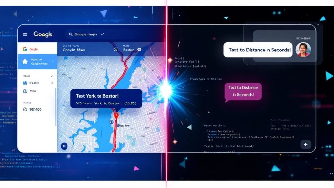 Thumbnail showing Google Maps with a route from New York to Boston beside a text input field with 'New York to Boston' typed in, demonstrating how to calculate distance from raw text using Google Maps API