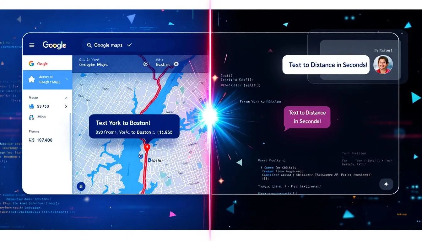 Thumbnail showing Google Maps with a route from New York to Boston beside a text input field with 'New York to Boston' typed in, demonstrating how to calculate distance from raw text using Google Maps API