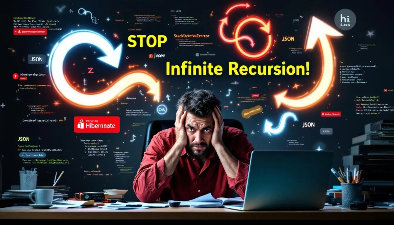 Java developer facing infinite recursion issue with Hibernate @ManyToMany mapping, surrounded by error icons and loops