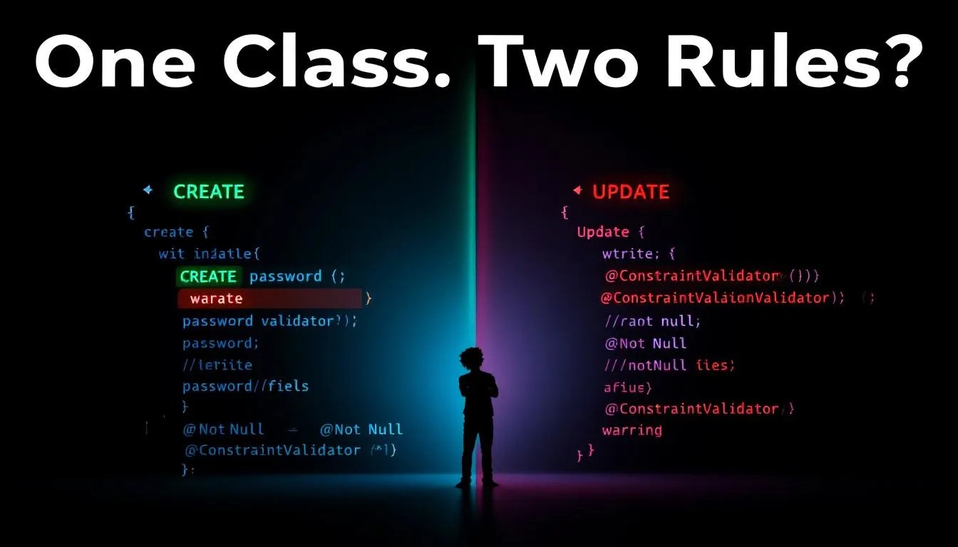 Split-screen thumbnail showcasing Jakarta ConstraintValidator in action with CREATE and UPDATE validation paths for a Java DTO