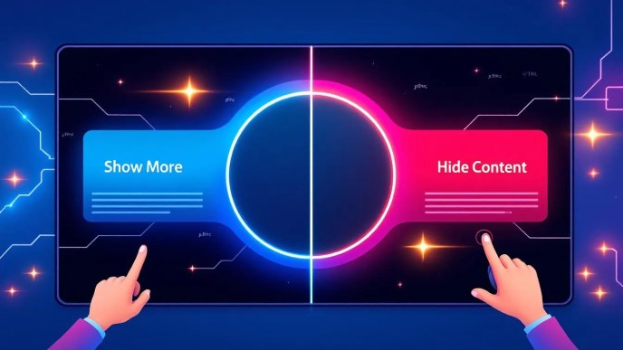 Illustration of a JavaScript toggle button transitioning from 'Show More' to 'Hide Content' with code snippets and UI elements