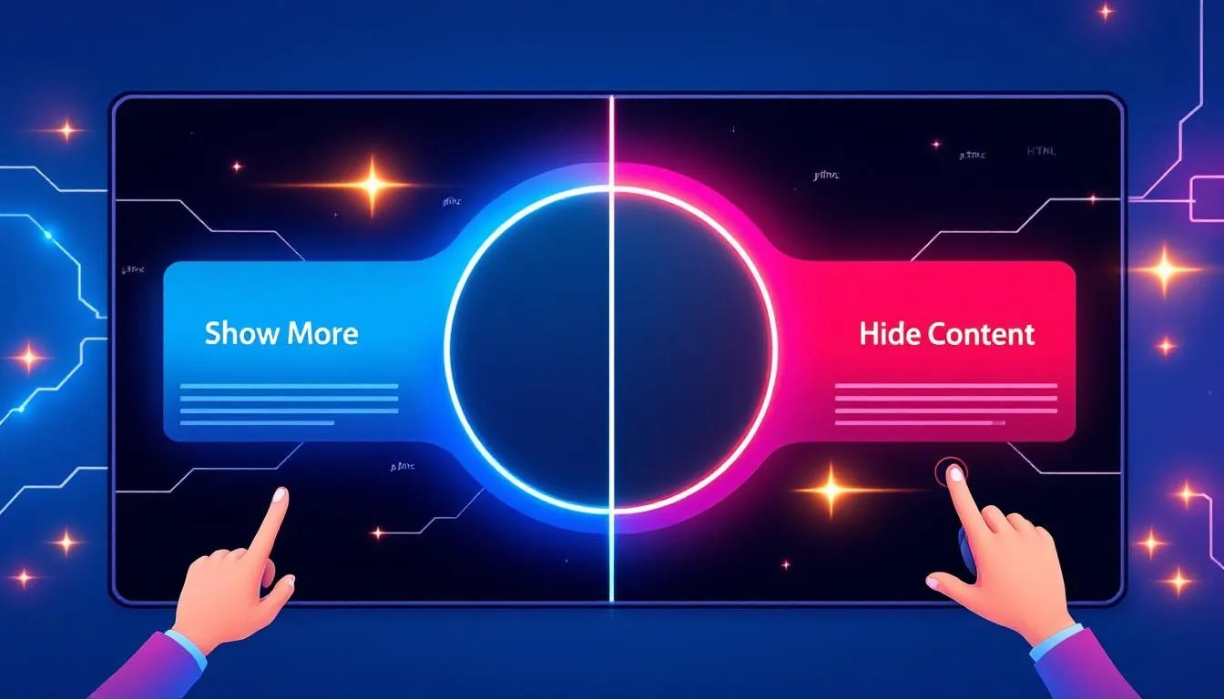 Illustration of a JavaScript toggle button transitioning from 'Show More' to 'Hide Content' with code snippets and UI elements