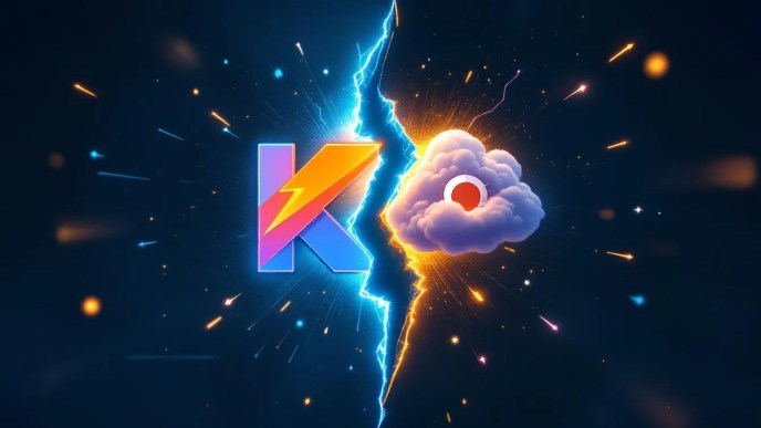 Illustration of Kotlin suspend function split into immediate and suspend execution with visual code concepts and coroutine metaphors