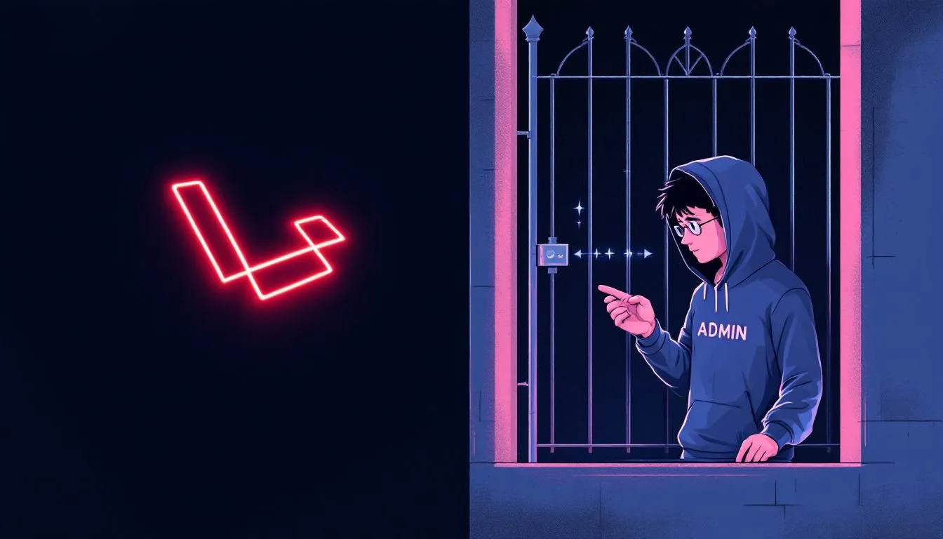 Laravel middleware admin bypass skipping subscription gate with glowing Laravel logo and dramatic code effect