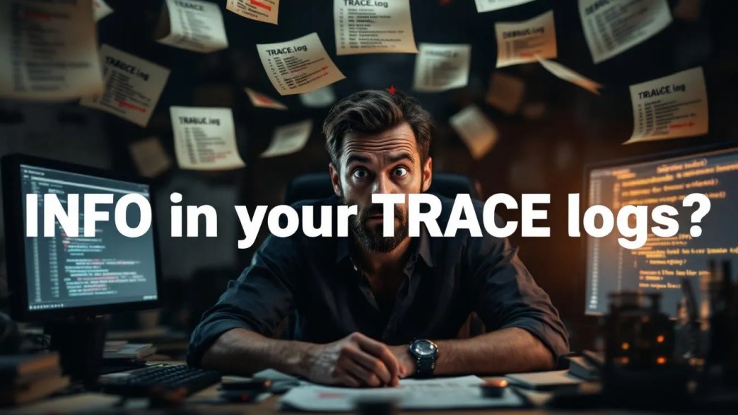 A dramatic scene of a Java developer overwhelmed by misconfigured log files where INFO messages appear in TRACE and DEBUG logs, representing Log4j2 configuration issues.