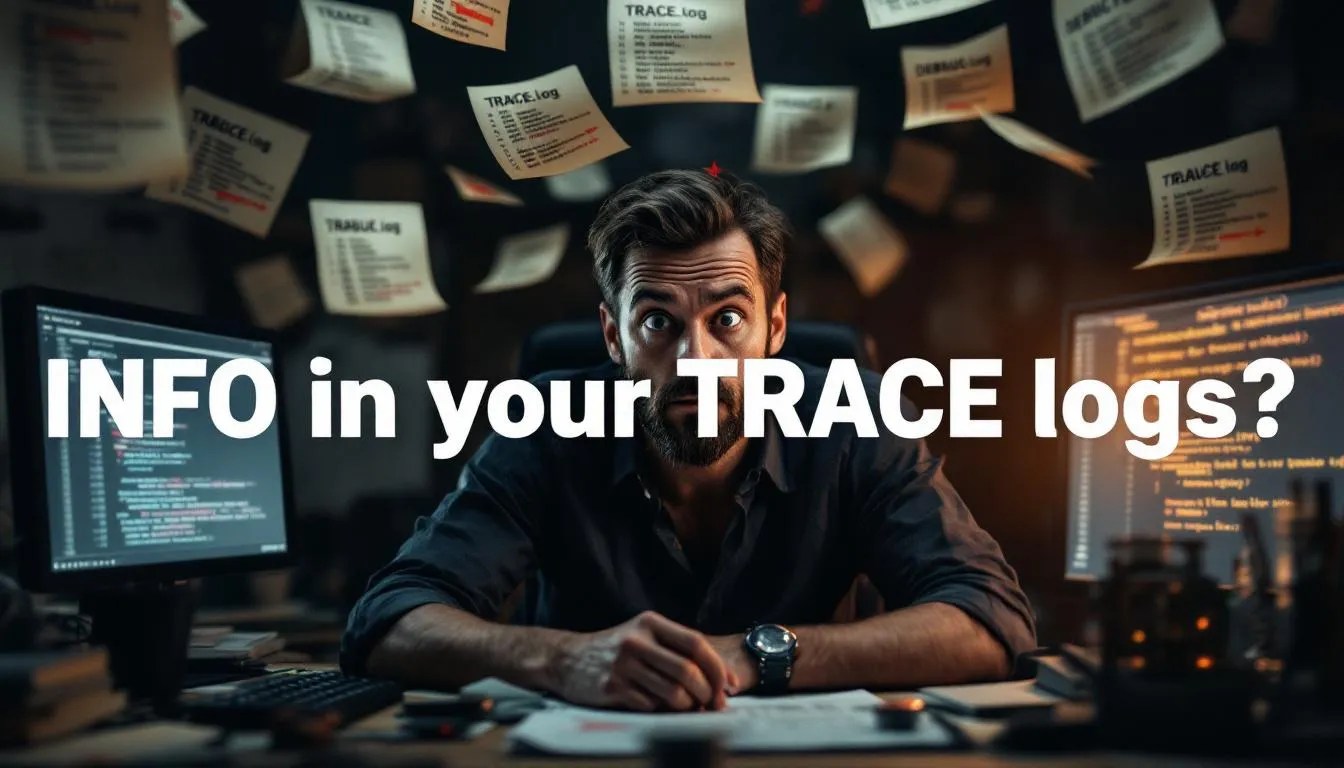 A dramatic scene of a Java developer overwhelmed by misconfigured log files where INFO messages appear in TRACE and DEBUG logs, representing Log4j2 configuration issues.