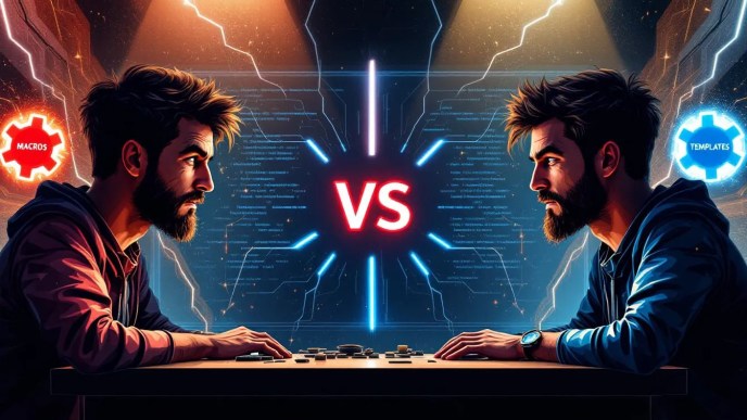 Dramatic C++ logging comparison thumbnail showing macros vs templates with gear icons, programming code, and developer expressions