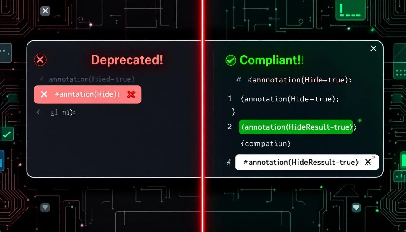 Modelica Hide annotation error versus HideResult best practice visual showing code snippet comparison and Dymola compatibility warning