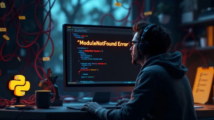 Python ModuleNotFoundError screenshot illustration with debugging paths like PYTHONPATH and sys.path tangled and a fix checklist