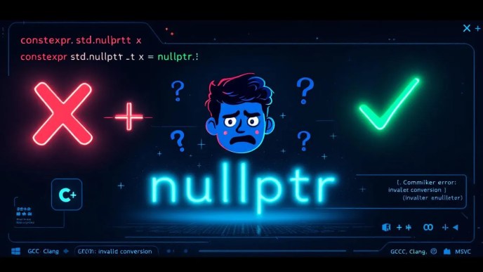 Confused developer comparing constexpr nullptr usage in C++ compilers like GCC and Clang with highlighted syntax snippet