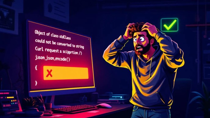 Frustrated PHP developer looking at a Curl request showing 'Object of class stdClass could not be converted to string' error with code fix using json_encode