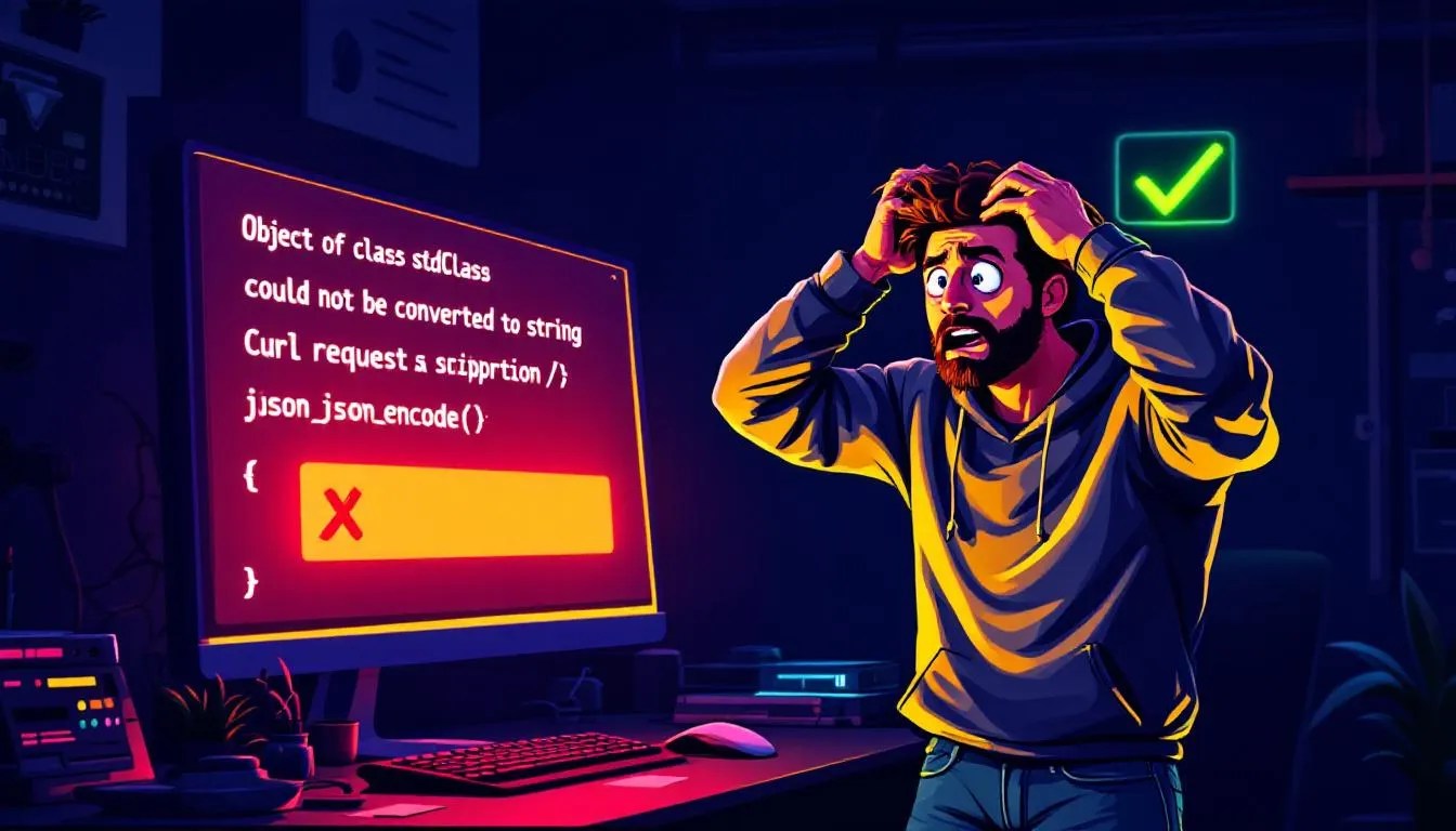 Frustrated PHP developer looking at a Curl request showing 'Object of class stdClass could not be converted to string' error with code fix using json_encode