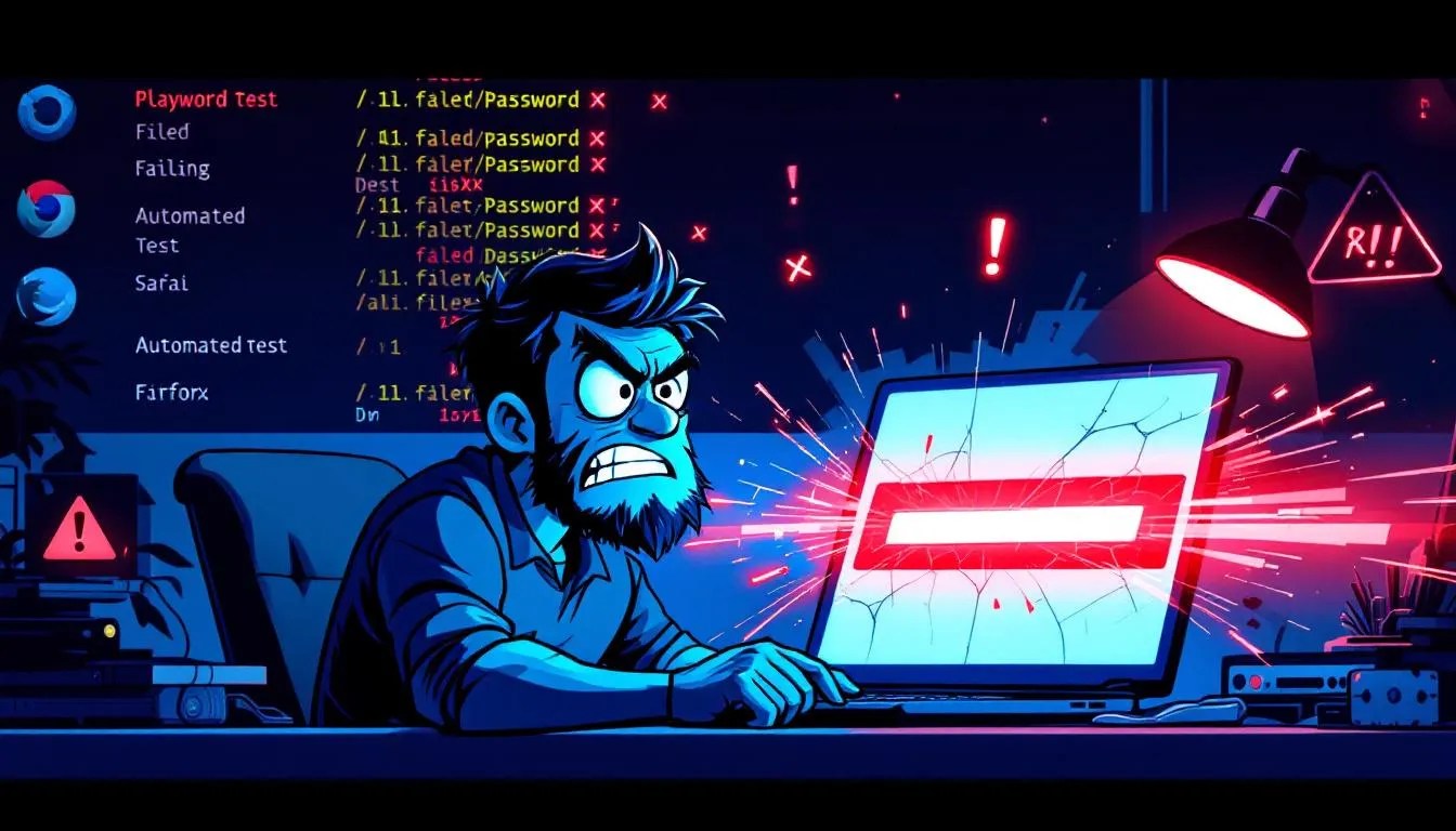 Illustration of Playwright automation script causing password field to delete input with frustrated developer and browser error icons