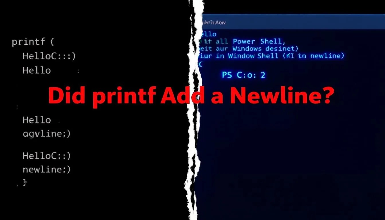 C program without newline shown in split-screen with PowerShell creating appearance of newline due to terminal behavior
