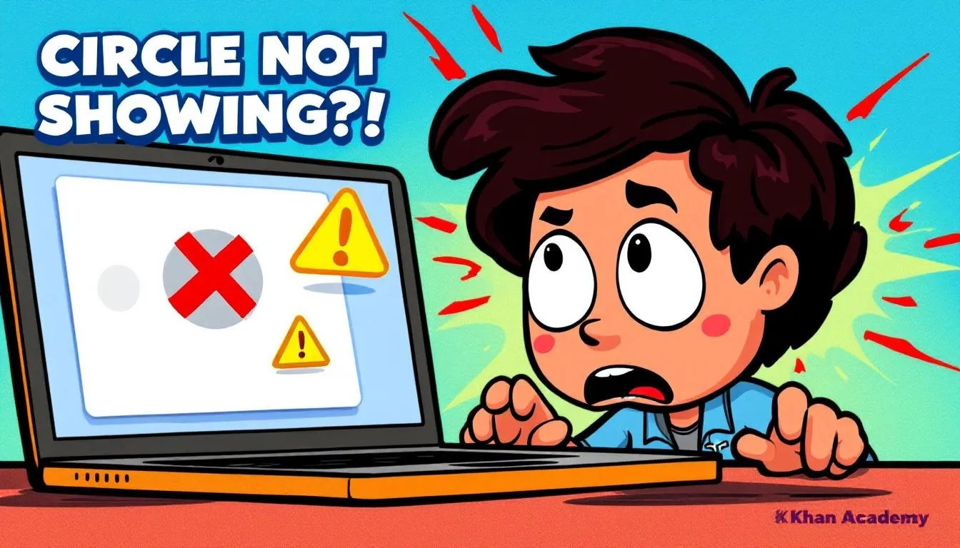 Cartoon student confused while looking at laptop with missing circle in Processing JS rendering, featuring warning sign and coding debug icons