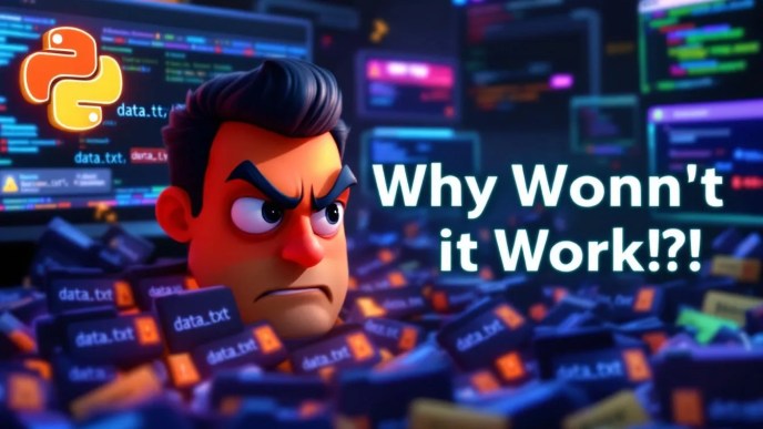 Python file handling error thumbnail with duplicate txt files, frustrated developer, error symbols, and Python logo