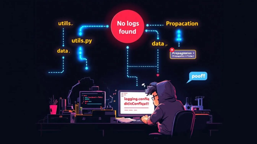 Frustrated developer wondering why Python logs are missing, with a visual of module log propagation blocked by propagate equals false