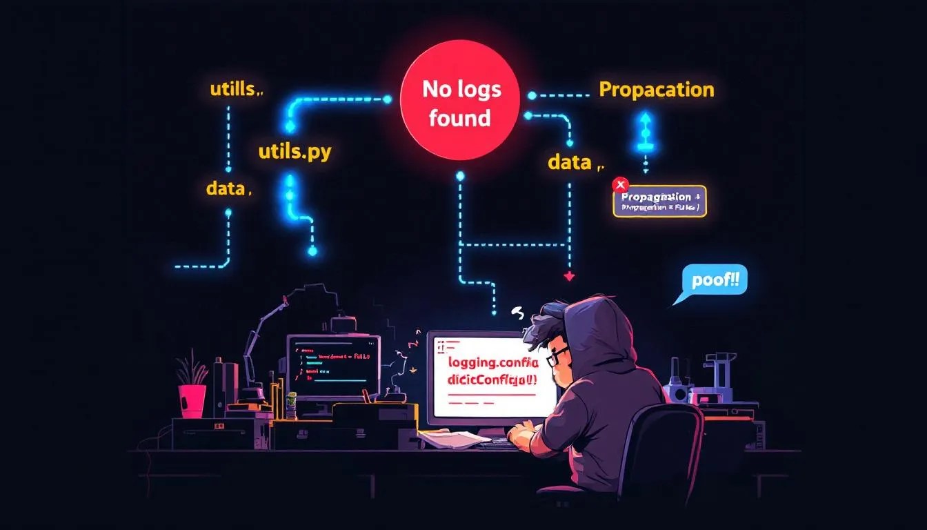 Frustrated developer wondering why Python logs are missing, with a visual of module log propagation blocked by propagate equals false