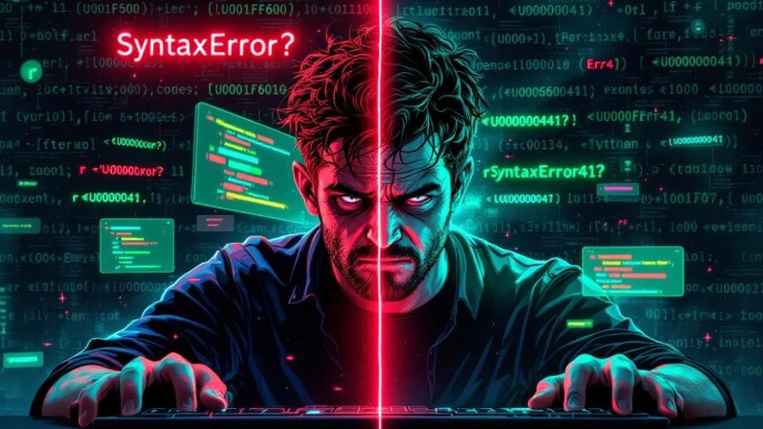 Confused Python developer surrounded by Unicode escape sequences like U0001F600 and regex errors in terminal background, highlighting how to fix UXXXXXXXX format issues in Python regex.